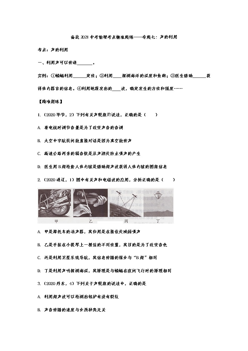 备战2021中考物理考点精准题练——专题七：声的利用01