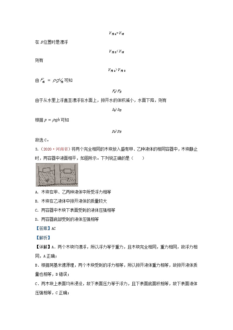 全国2020年各地中考物理真题分类汇编第1期专题11压强与浮力含解析03