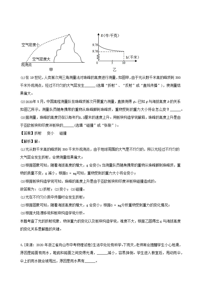 浙江省三年2018_2020中考物理真题分类汇编专题03力学填空题+作图题+实验题+简答题含解析2020112064803