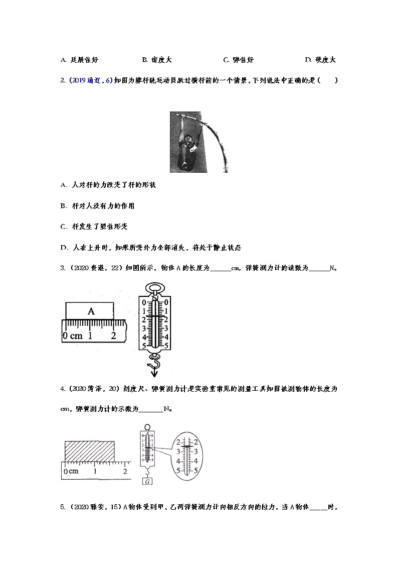 2020-2021学年度人教版初中物理随堂达标真题训练——7.2弹力02