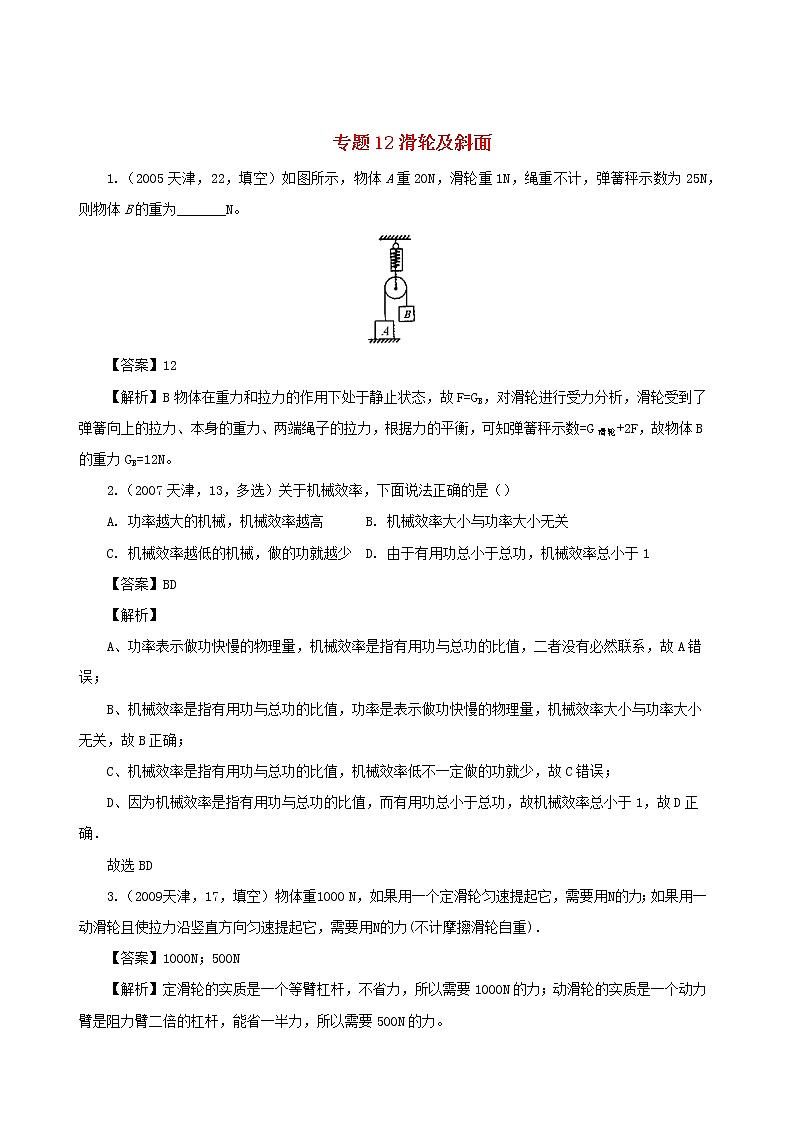 天津市2005_2020年中考物理真题分类汇编专题12滑轮及斜面含解析2020121051201