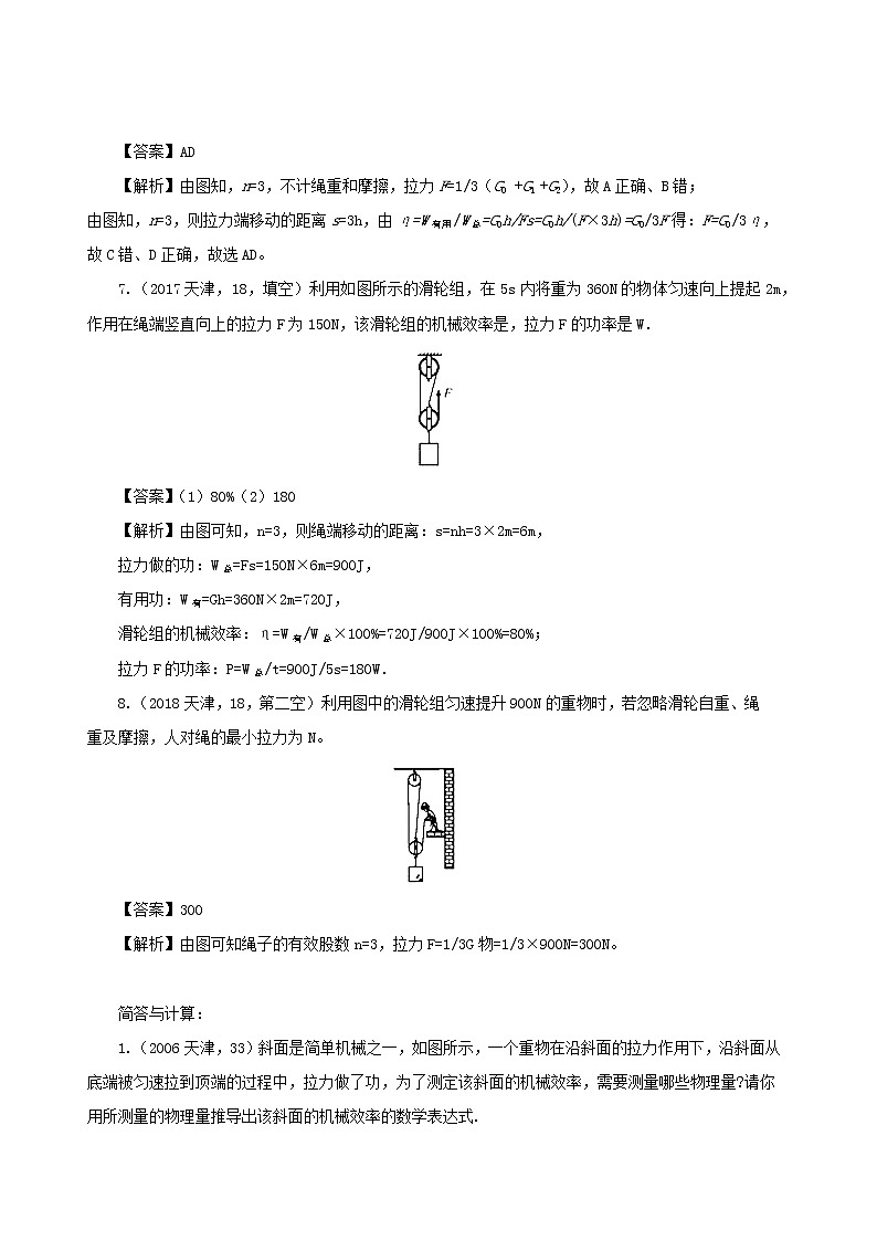 天津市2005_2020年中考物理真题分类汇编专题12滑轮及斜面含解析2020121051203