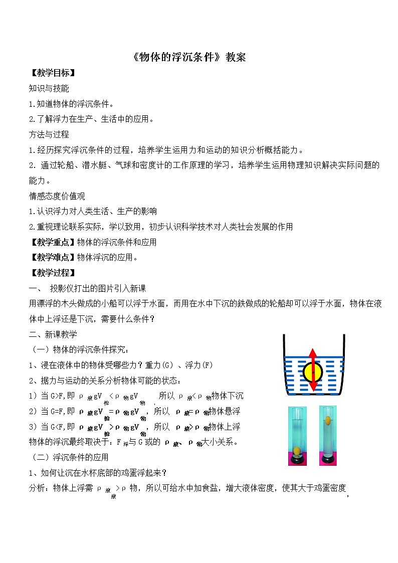 北师大版八年级物理下册8.6《六、物体的浮沉条件》教案01