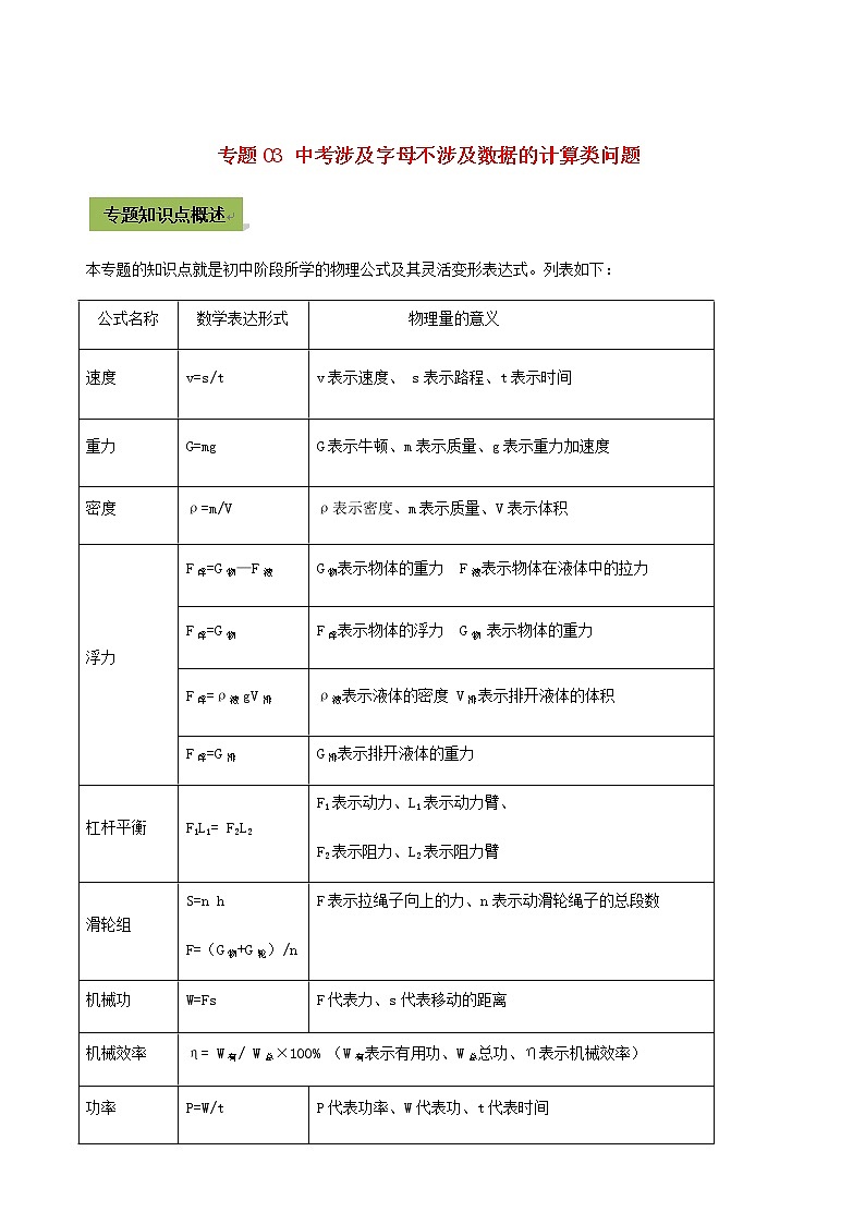 2021年中考物理14个难点专题高分三步曲专题03中考涉及字母不涉及数据的计算类问题含解析01