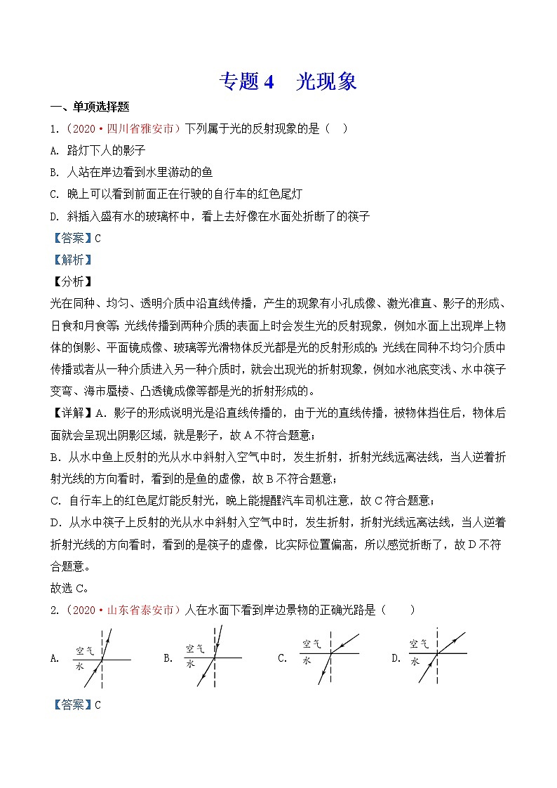 专题4  光现象-2020年中考物理真题分项汇编详细解答（全国通用）01期（教师版）01
