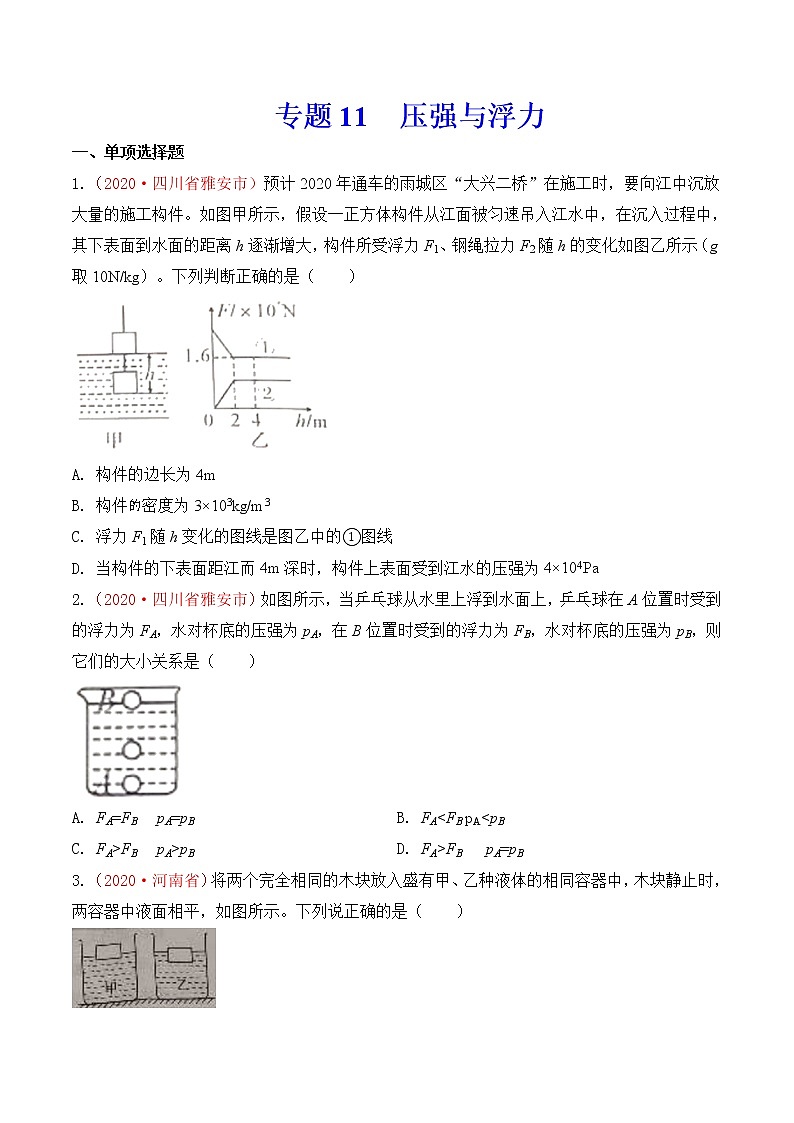 专题11  压强与浮力-2020年中考物理真题分项汇编详细解答（全国通用）01期（学生版）01