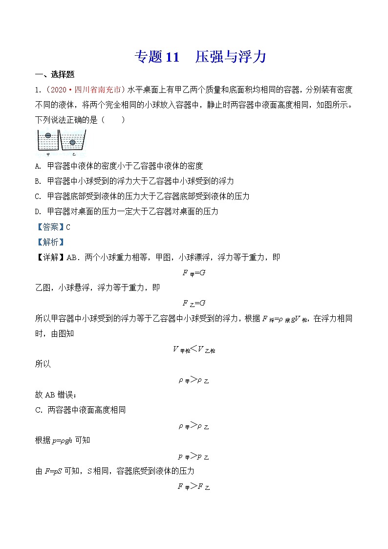专题11  压强与浮力-2020年中考物理真题分项汇编详细解答（全国通用）02期（教师版）01