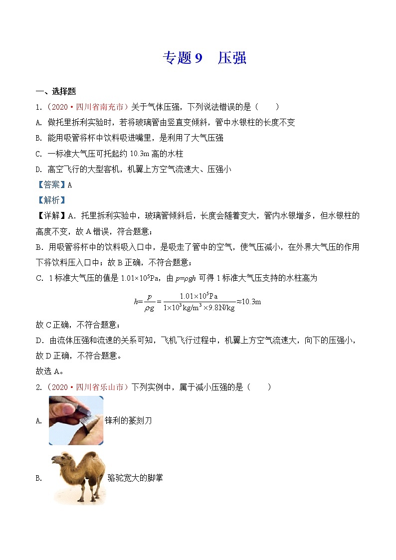 专题9  压强-2020年中考物理真题分项汇编详细解答（全国通用）02期（教师版）01