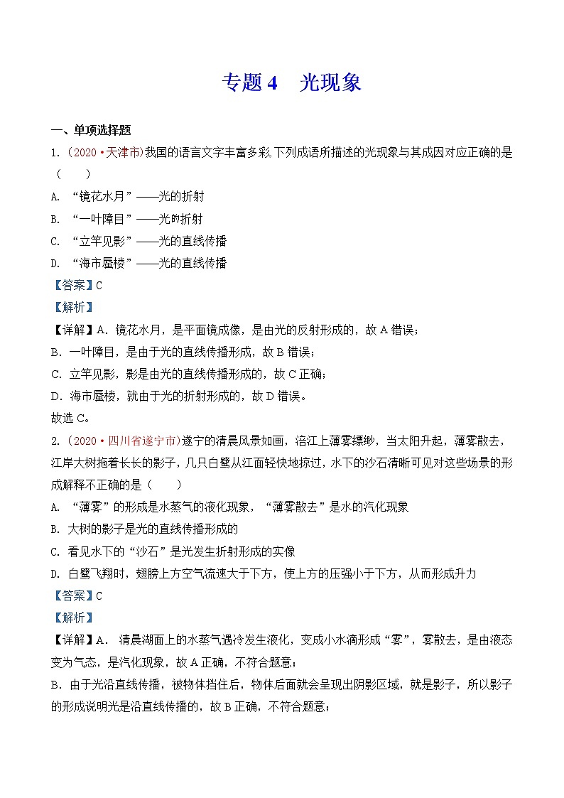 专题4  光现象-2020年中考物理真题分项汇编详细解答（全国通用）03期（教师版）01