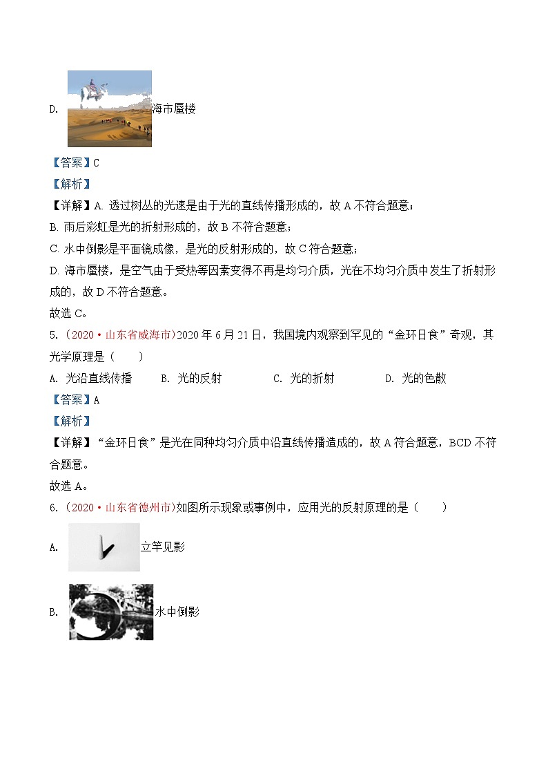 专题4  光现象-2020年中考物理真题分项汇编详细解答（全国通用）03期（教师版）03