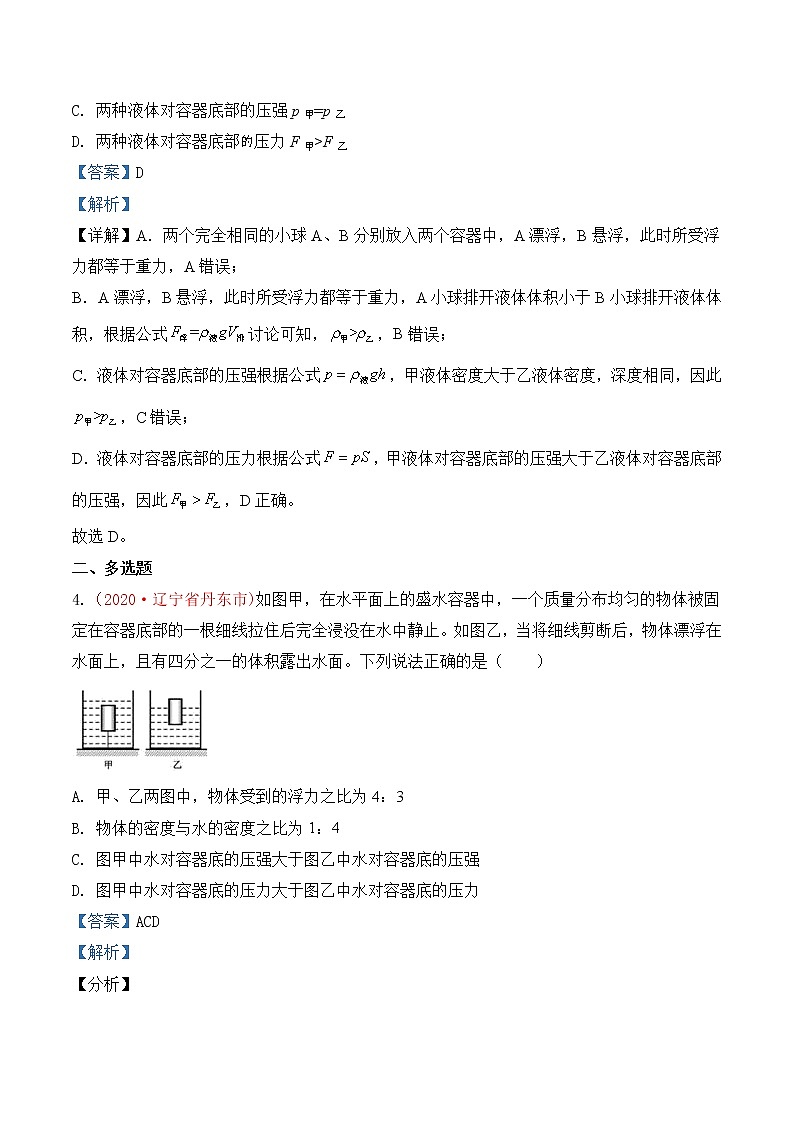 专题11  压强与浮力-2020年中考物理真题分项汇编详细解答（全国通用）03期（教师版）03