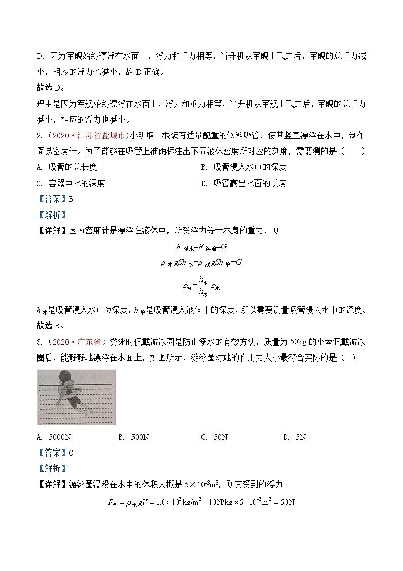 专题10  浮力-2020年中考物理真题分项汇编详细解答（全国通用）03期（教师版）02