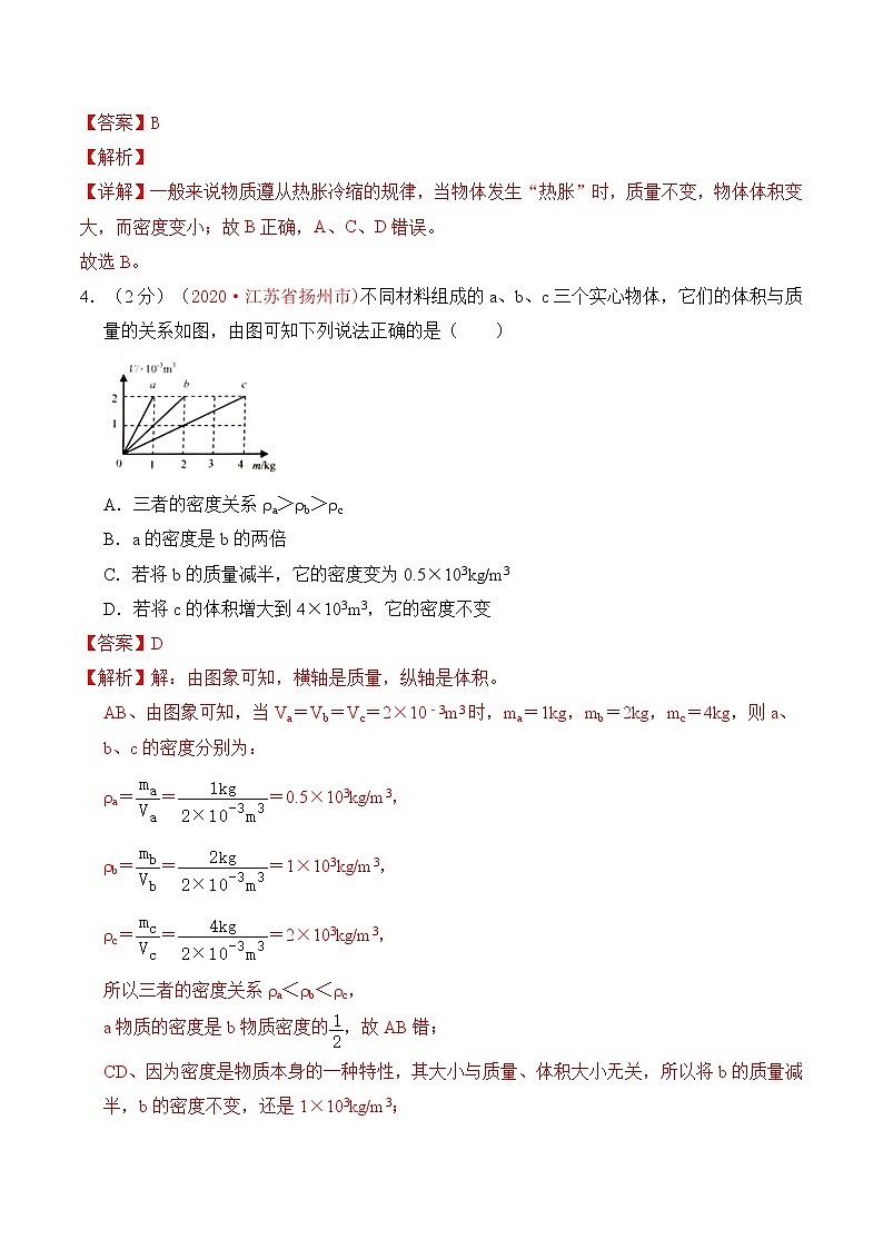 专题6 质量和密度-2020年中考物理真题分项汇编详细解答（全国通用）04期（教师版）02