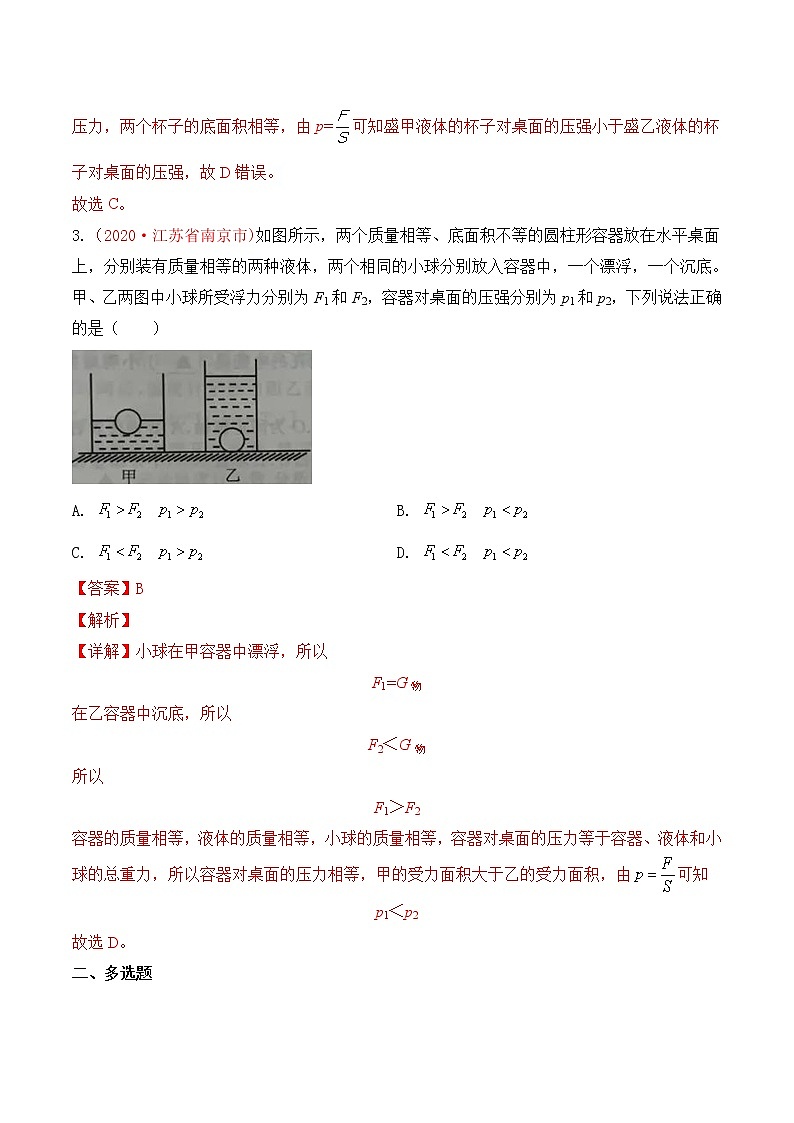 专题11 压强与浮力-2020年中考物理真题分项汇编详细解答（全国通用）04期（教师版）03