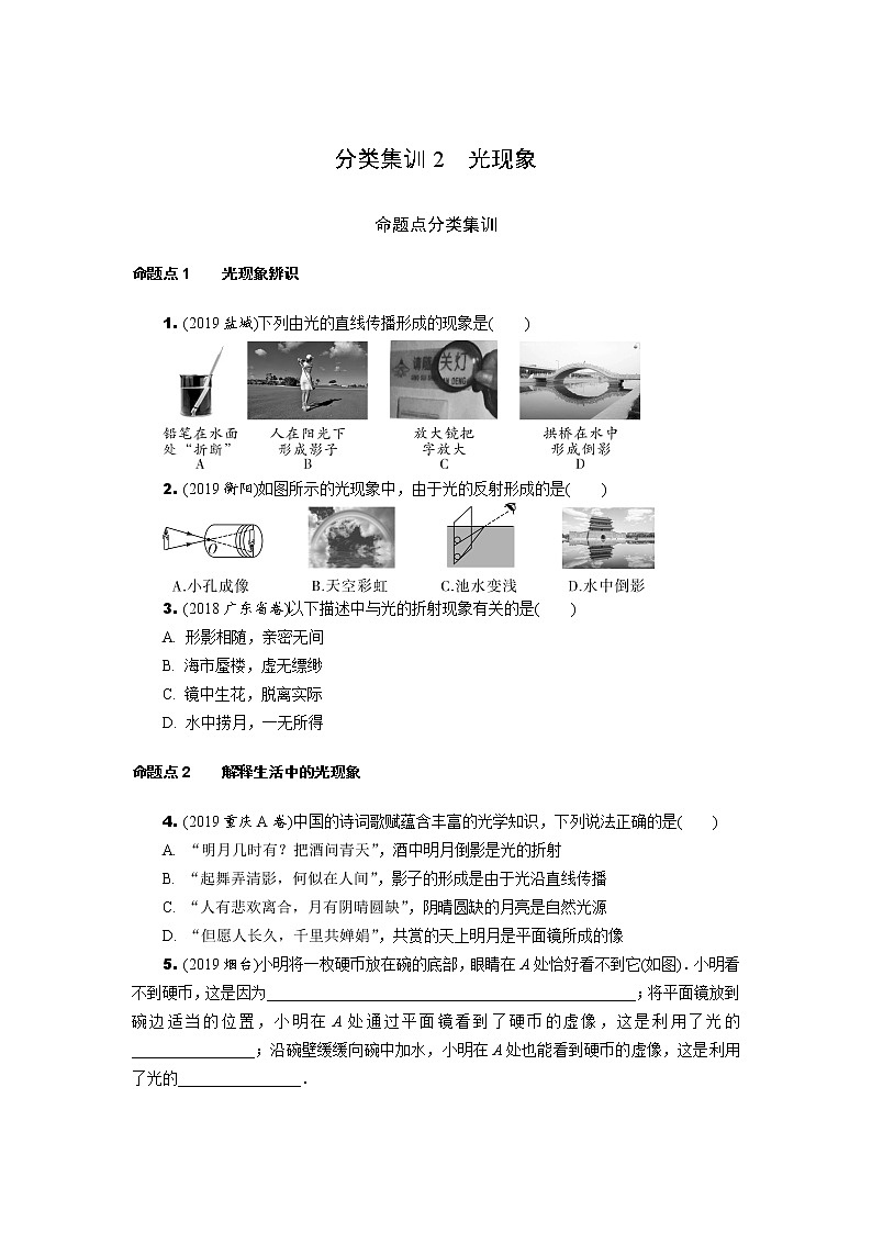 中考物理专题复习  分类集训2  光现象练习题(含解析)试卷01