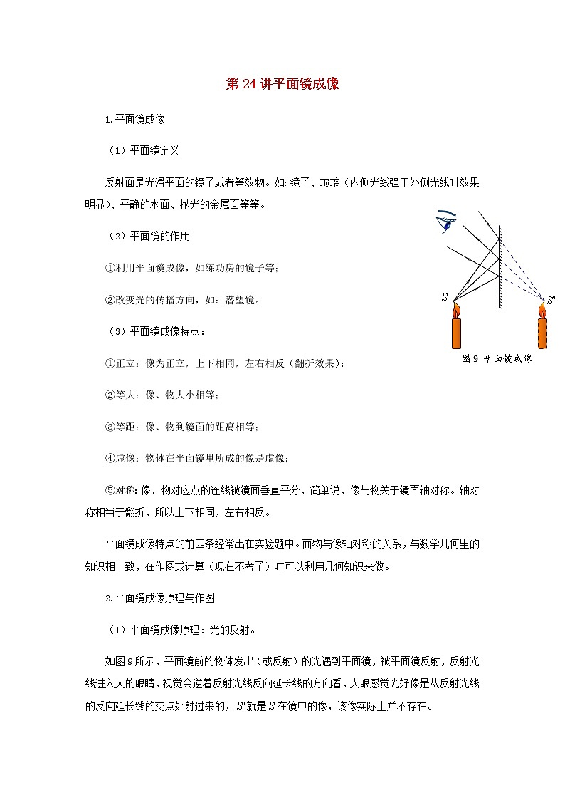 新人教版 八年级物理上学期期末复习重难点+练习40讲 第24讲平面镜成像（含解析）01