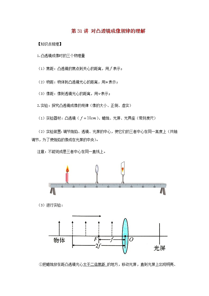 新人教版 八年级物理上学期期末复习重难点+练习40讲 第31讲对凸透镜成像规律的理解（含解析）01