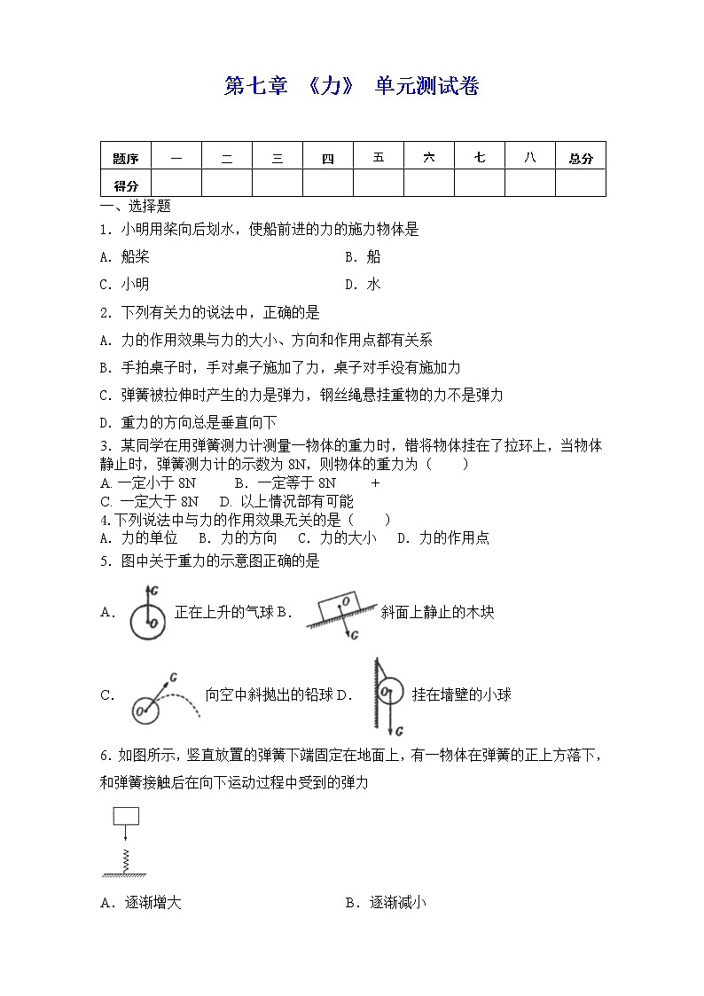 人教版八年级物理下册 第七章 《力》单元测试（含答案）01