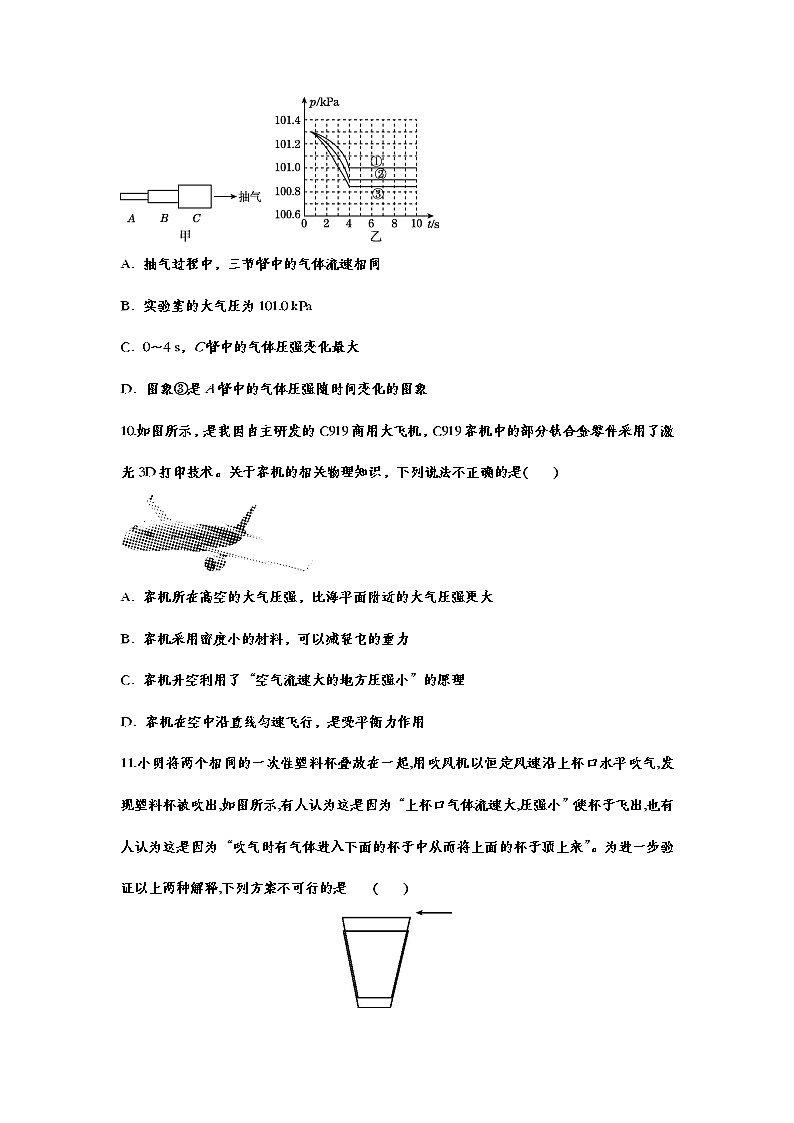 备战2021中考一轮复习基础知识强化训练——9.4流体压强与流速的关系03
