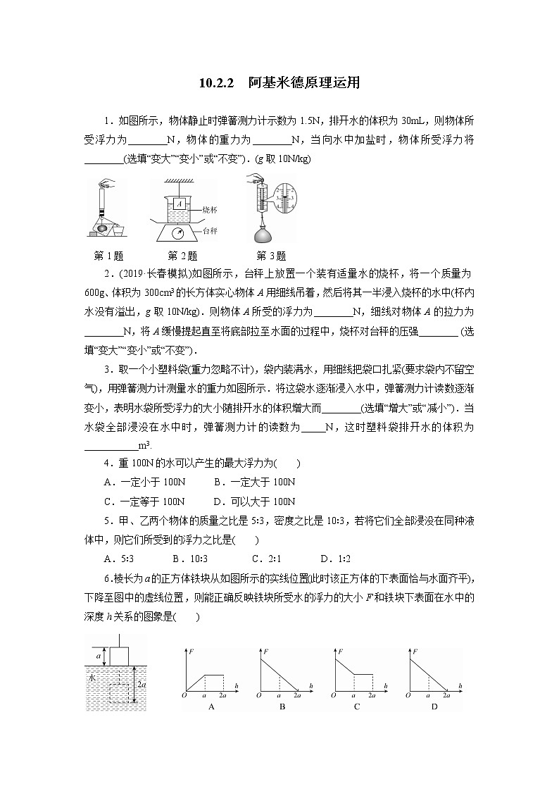 人教版物理八年级下同步训练：10.2.2 阿基米德原理运用（含答案）01
