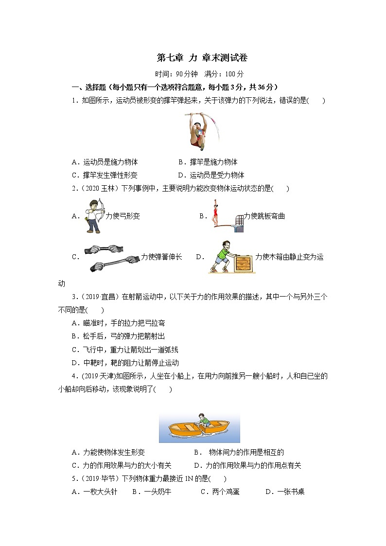 2020—2021学年人教版八年级物理下册第七章 力 章末测试卷01