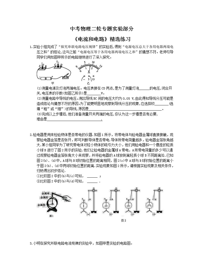2021年中考物理二轮专题实验部分《电流和电路》精选练习(含答案)01