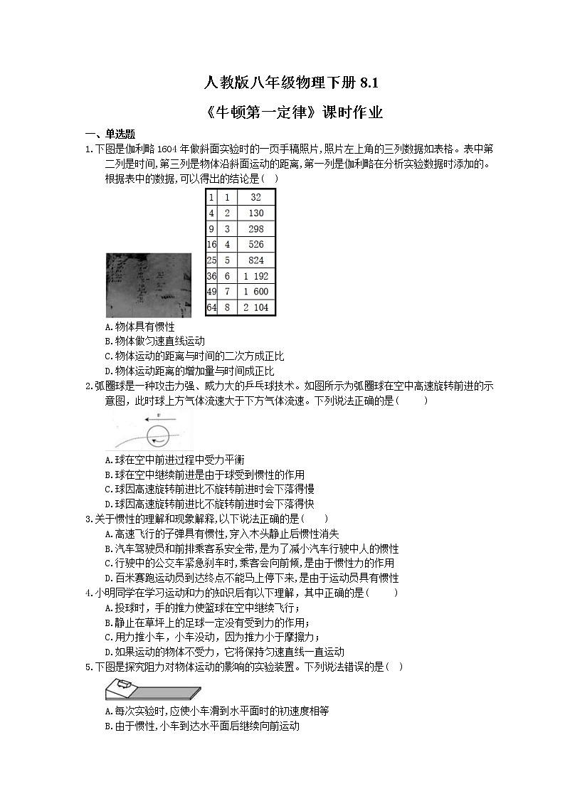 2021年人教版八年级物理下册8.1《牛顿第一定律》课时作业（含答案） 练习01