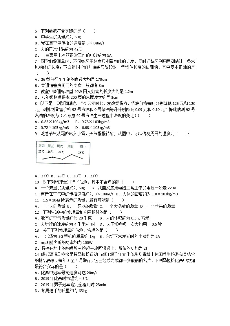 中考物理二轮复习热点问题专题复习——各种估测问题 选择题专练（有答案）02