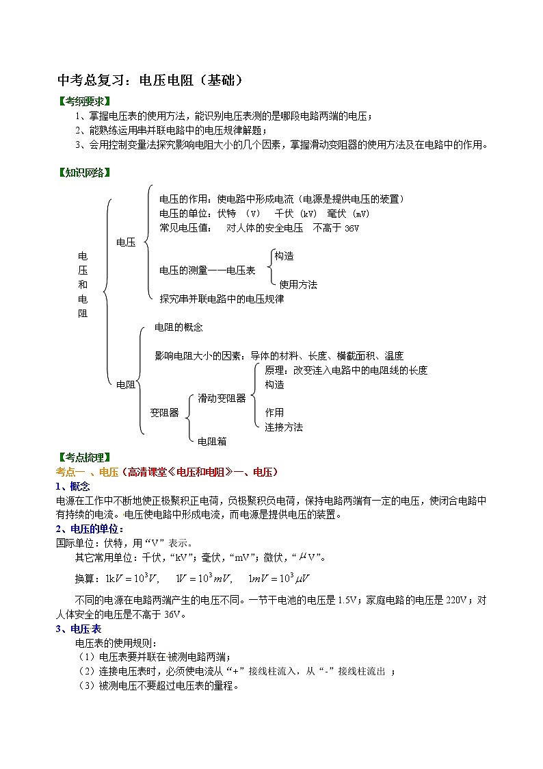 中考物理专题复习：电压电阻（基础）知识讲解第1页