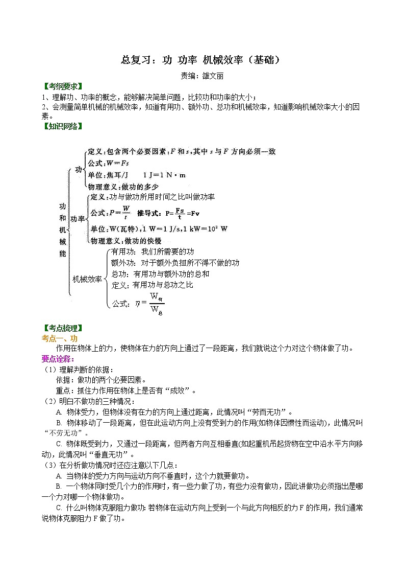 中考物理专题复习：功 功率 机械效率（基础）知识讲解01