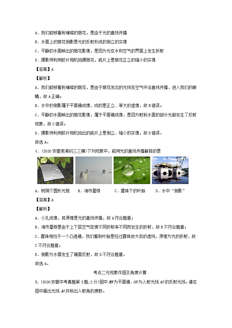 安徽专用备战2021中考物理精鸭点专项突破题集专题02光现象含解析02