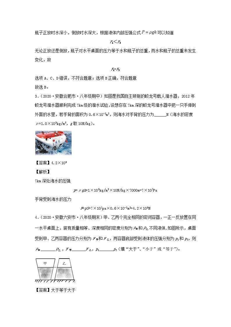 安徽专用备战2021中考物理精鸭点专项突破题集专题09压力与压强含解析02
