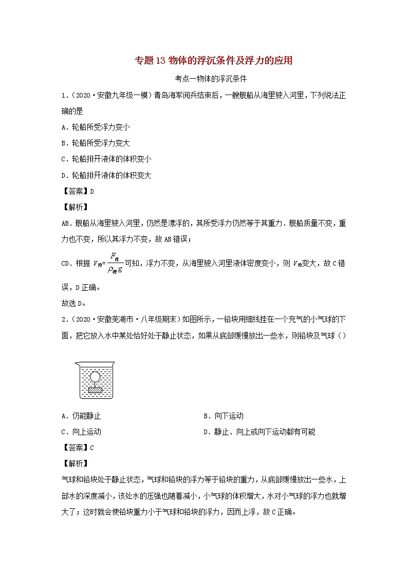 安徽专用备战2021中考物理精鸭点专项突破题集专题13物体的浮沉条件及浮力的应用含解析第1页