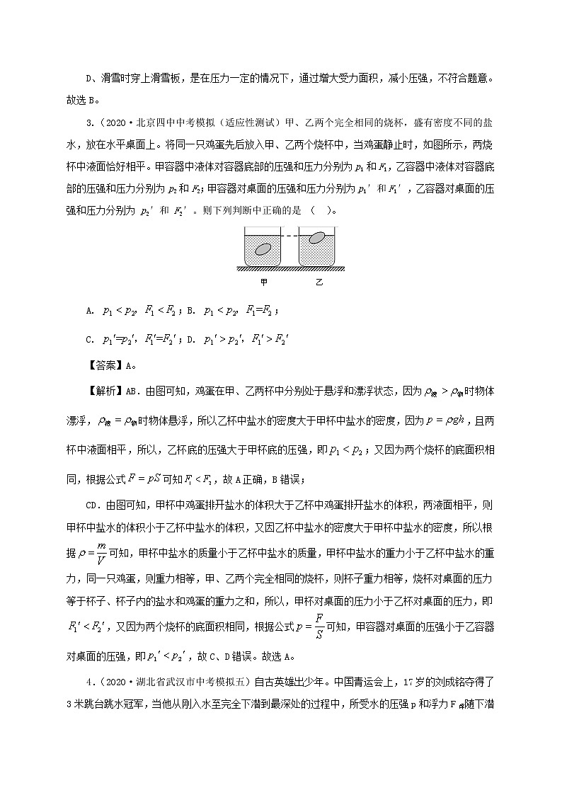 通用版2021年中考物理一轮复习一遍过第九章压强单元综合测试含解析02