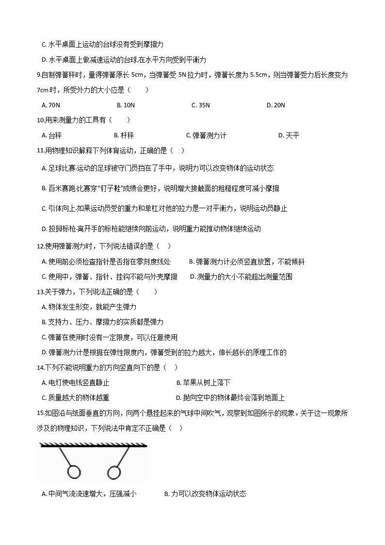 人教版物理八年级下册  第七章《力》单项选择综合测试（含答案）02