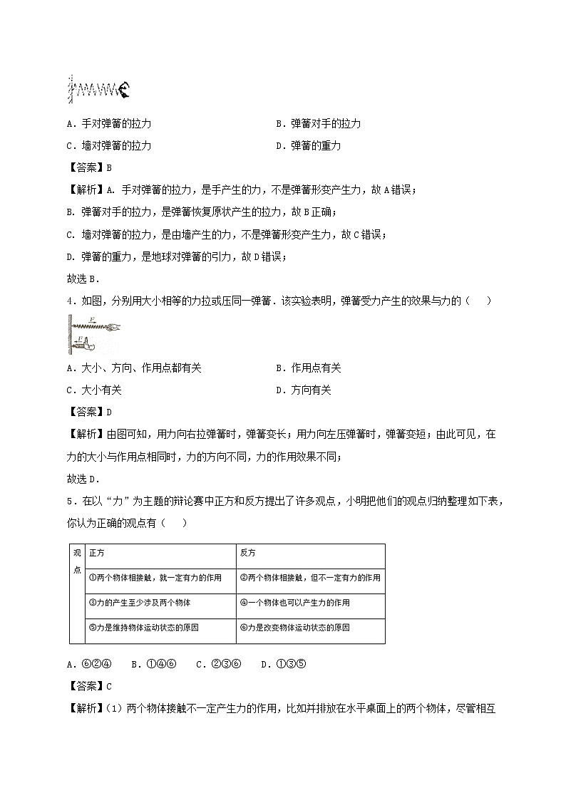 试卷 2020_2021学年八年级物理下册8.1力弹力同步作业含解析新版苏科版2021031036802