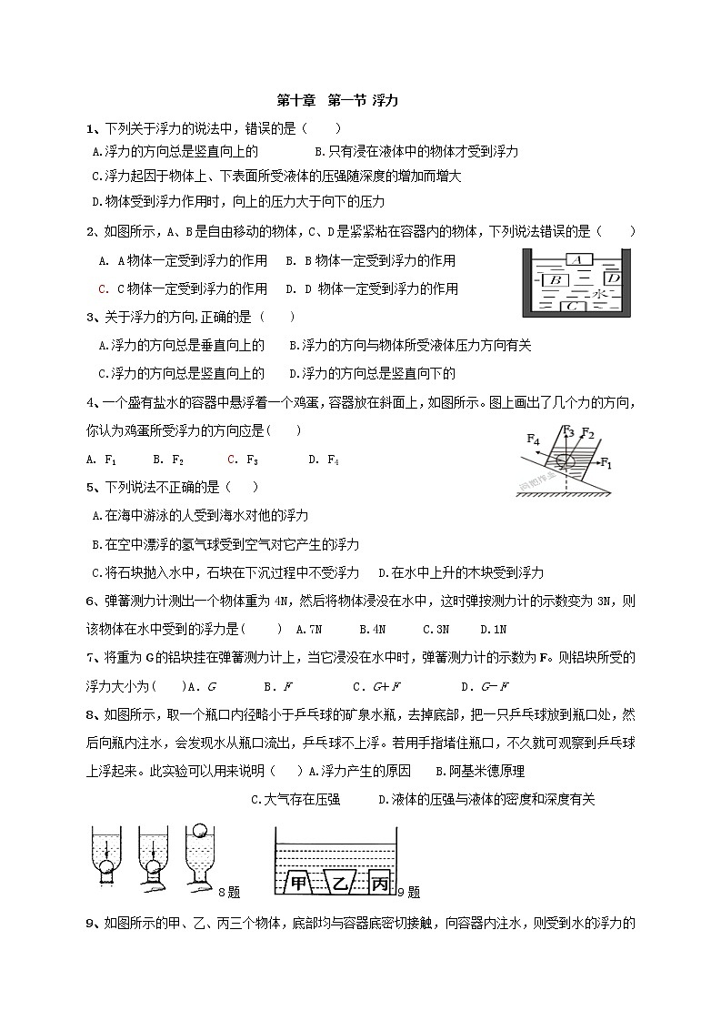 试卷 10.1《浮力》随堂测试— 2020-2021学年人教版八年级物理下册01