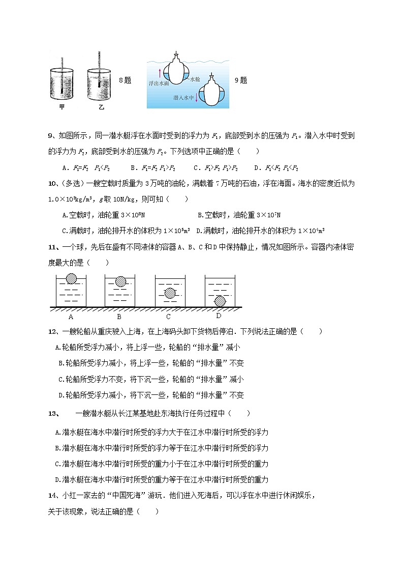 试卷 10.3《物体的浮沉条件及应用》随堂测试— 2020-2021学年人教版八年级物理下册02