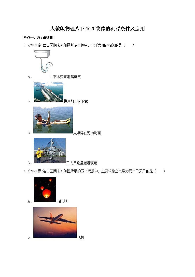 2020-2021学年人教版八年级物理下册 10.3 物体的沉浮条件及应用 同步课时练习01
