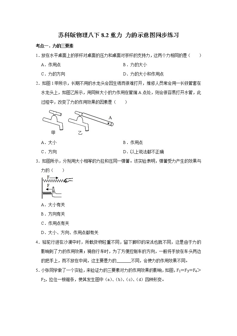 2020-2021学年苏科版八年级物理下册 8.2 重力 力的示意图同步练习01
