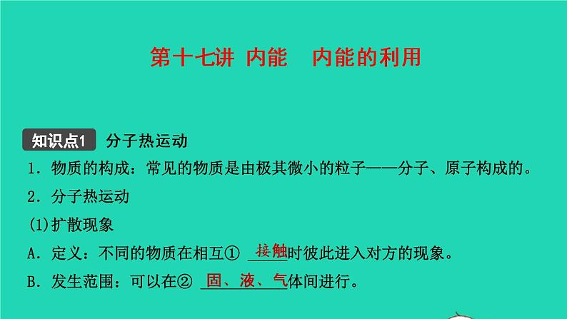 江西省2021年中考物理考点复习第十七讲内能内能的利用课件202103091127第1页