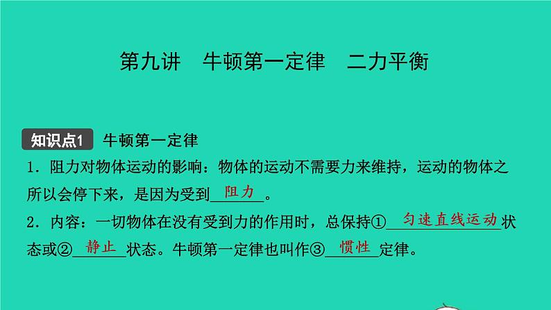 江西省2021年中考物理考点复习第九讲牛顿第一定律二力平衡课件202103091118第1页