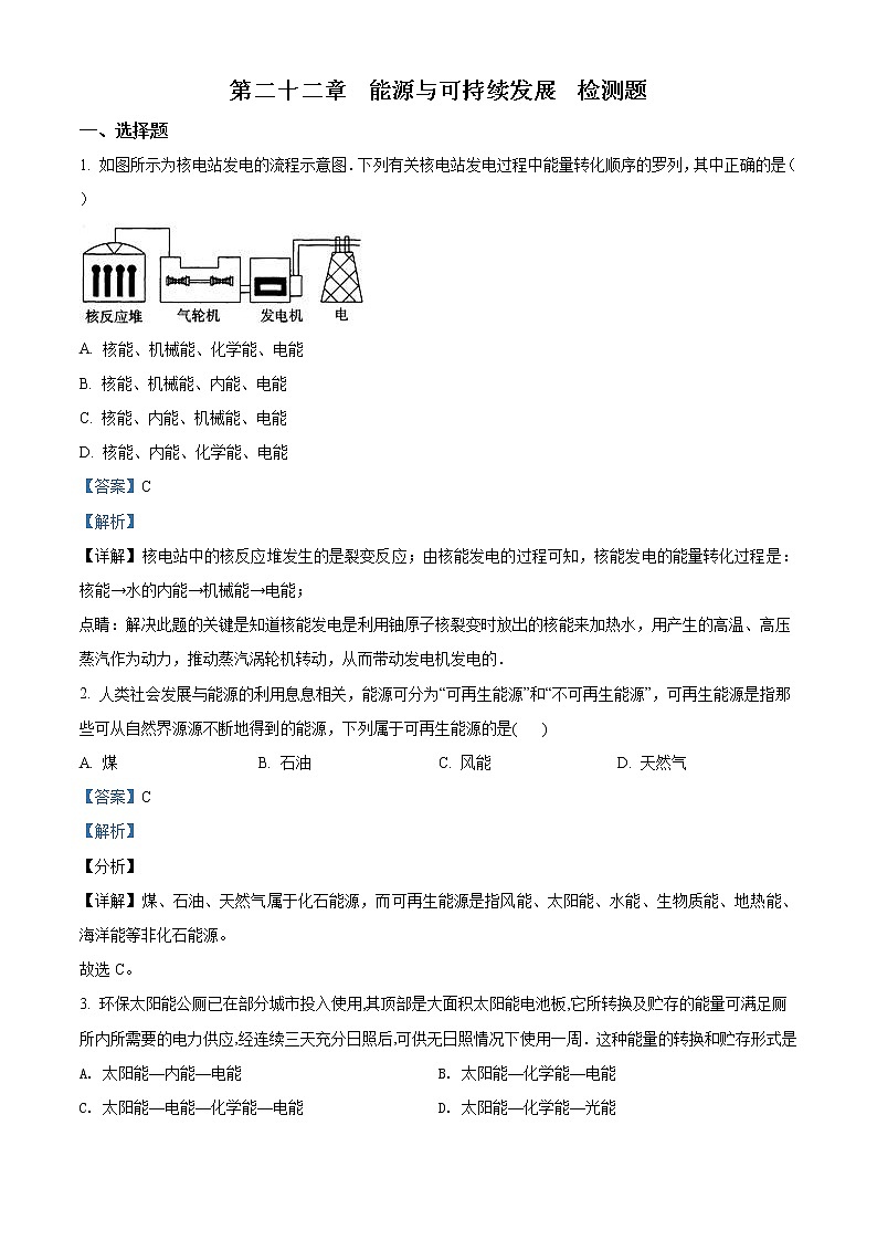 精品解析：人教版九年级物理试题  第22章《能源与可持续发展》 单元测试01