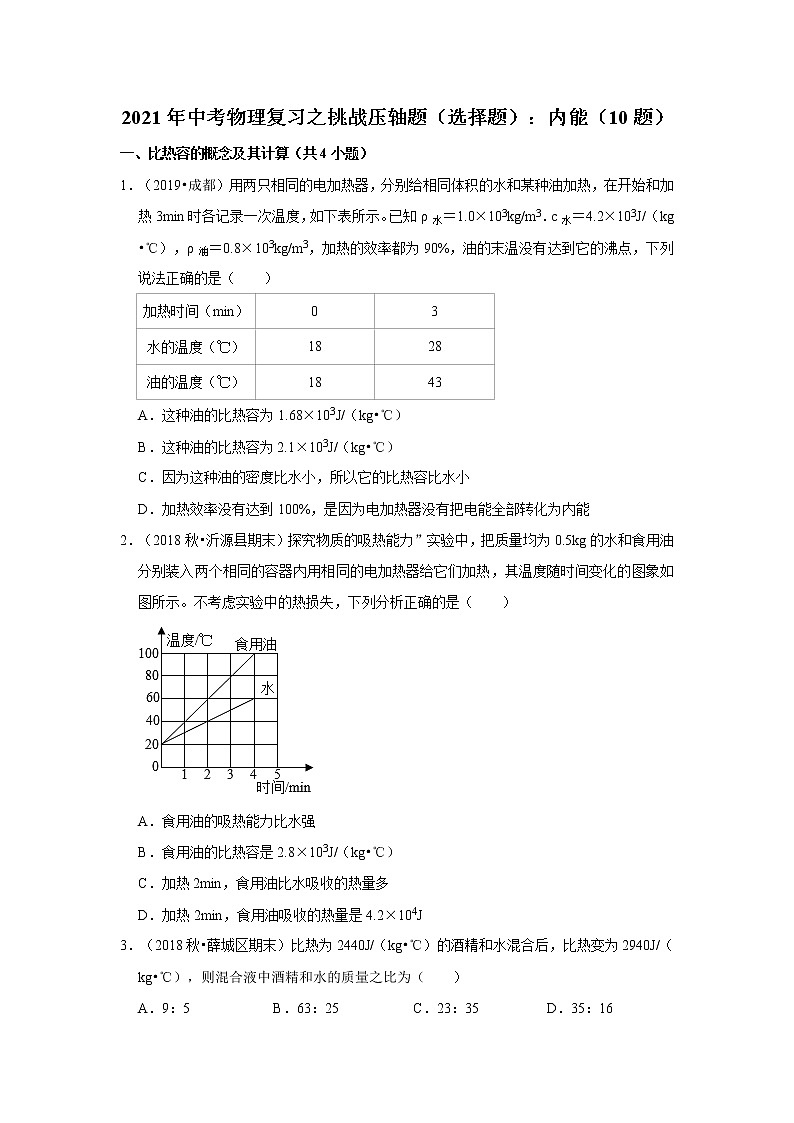 2021年中考物理复习之挑战压轴题（选择题）：内能（含解析）第1页