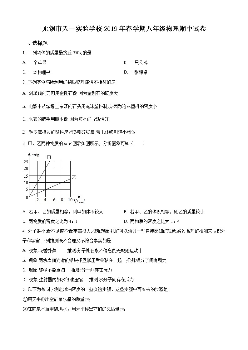 江苏省无锡市天一实验学校2018-2019学年八年级下学期期中考试物理试题（原卷版）第1页
