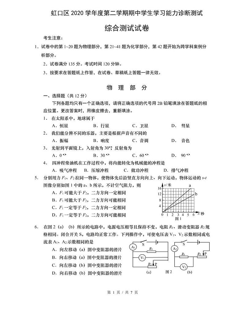 上海市2021届虹口区中考物理二模试卷含答案第1页