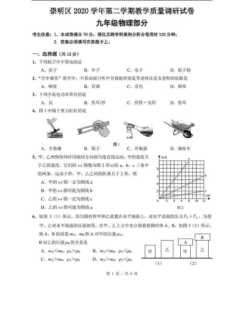 上海市2021届崇明区中考物理二模试卷含答案01