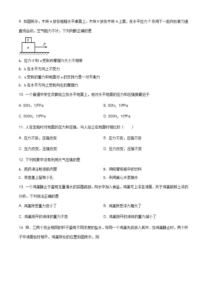 人教版八年级下学期期中考试物理试题（原卷版）03