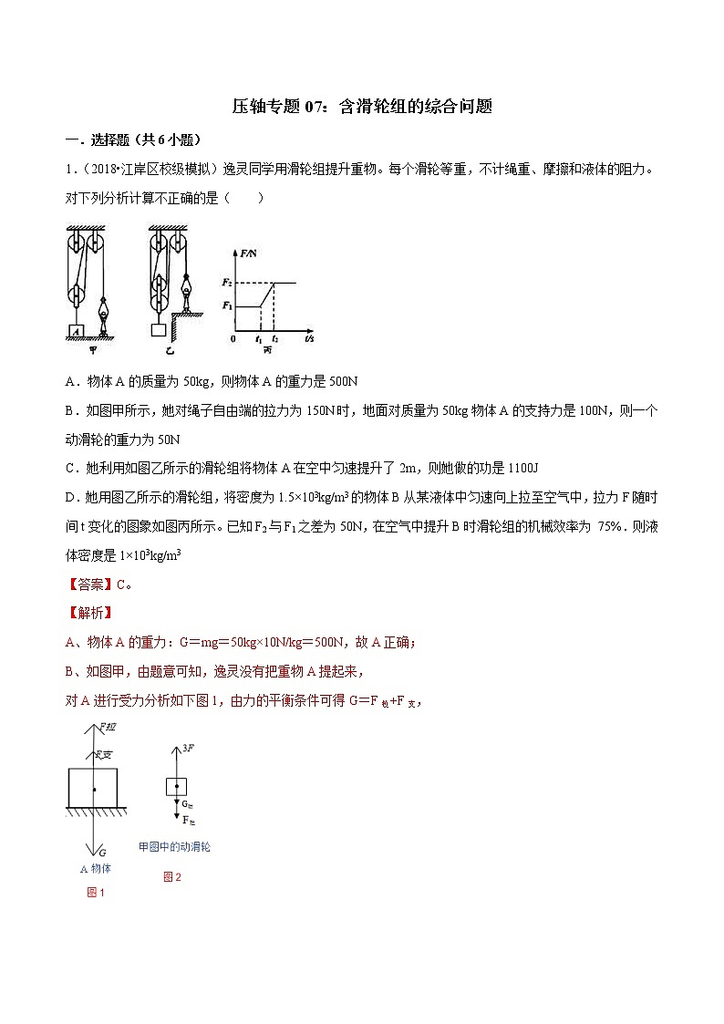 2021年中考物理压轴培优练《专题07含滑轮组的综合问题》（含答案解析）01
