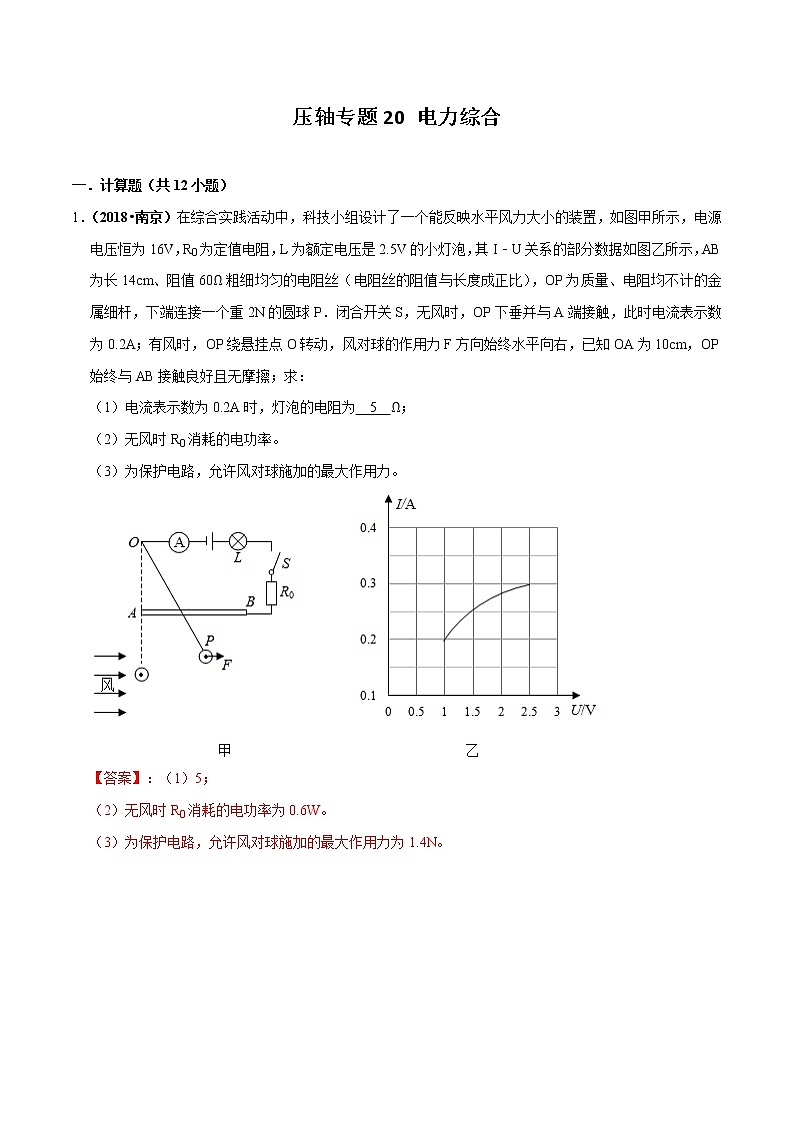2021年中考物理压轴培优练《专题20电力综合》（含答案解析）第1页